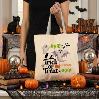 Bolsa Tote Truque ou Tratamento Fantasma Fofo Nome Personaliz