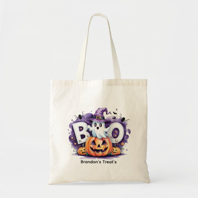 Bolsa Tote Truque ou tratamento personalizado do fantasma (Frente)