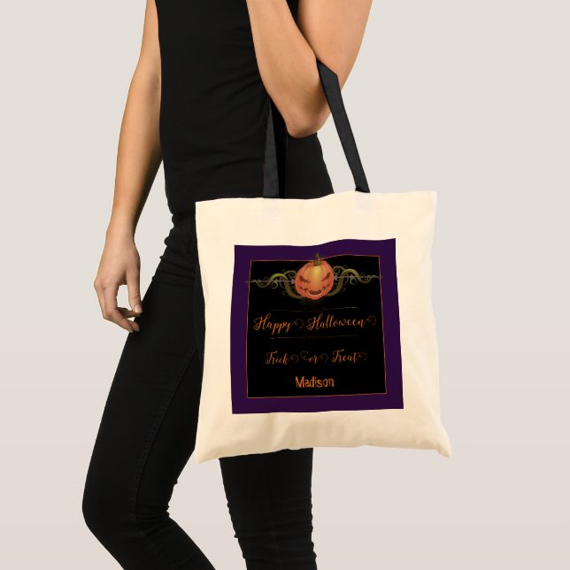 Bolsa Tote Truque ou Trato Assustador Jack-o-Lanterna | Roxo (Frente (produto))