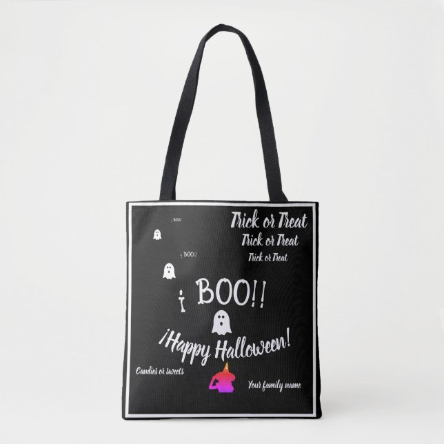 Bolsa Tote truque ou trato, nome, halloween personalizado, bo (Frente)