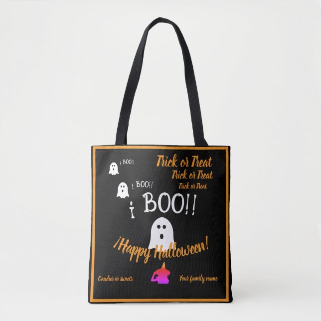Bolsa Tote truque ou trato, nome, halloween personalizado, bo (Frente)