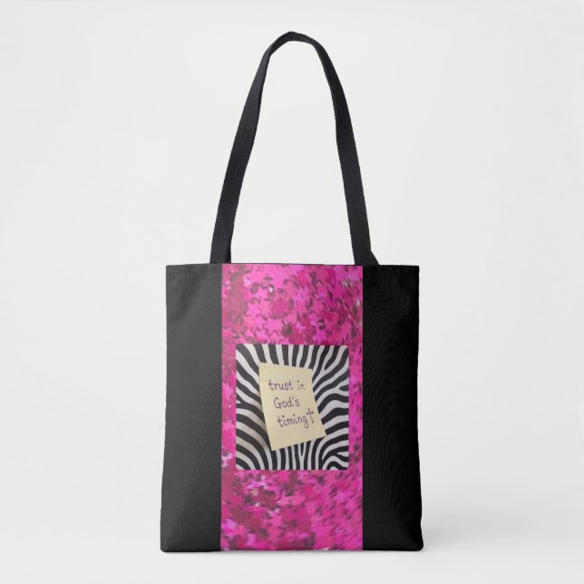 Bolsa Tote Trust in God's Timing pink glitter zebra y2k (Frente)
