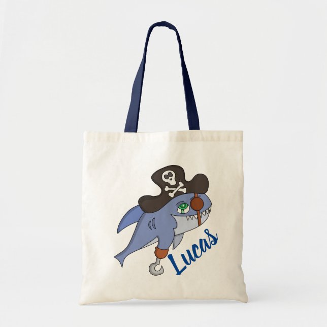 Bolsa Tote Tubarão Pirata Personalizado - Adicione Seu Nome (Frente)