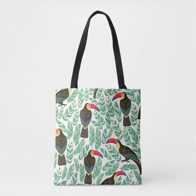 Bolsa Tote Tucanos, folhas tropicais, padrão decorativo. (Frente)