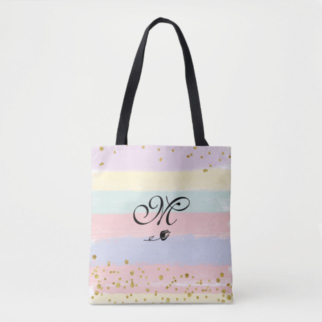 Bolsa Tote *~* Tulip Monograma Doodle Glitter Pastel Dourado (Frente)