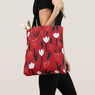 Bolsa Tote Tulipa Floral Vermelha e Branca Ousada de Primaver
