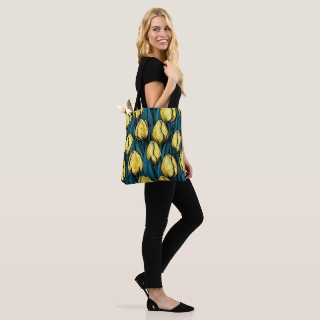 Bolsa Tote Tulipas amarelas com folhas azuis (No(a) Modelo)