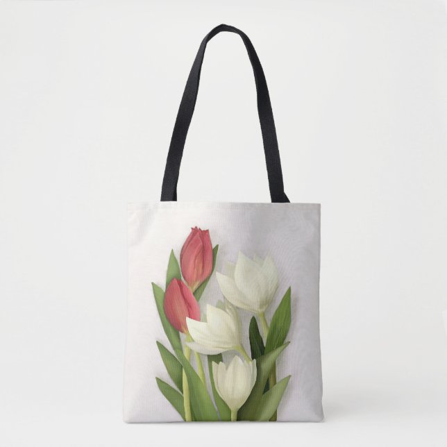 Bolsa Tote Tulipas brancas e vermelhas Floral (Frente)