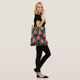 Bolsa Tote Tulipas cor-de-rosa com folhas verdes