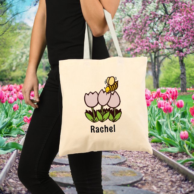 Bolsa Tote Tulipas e Abelha com Nome Personalizado de Jardina (Criador carregado)