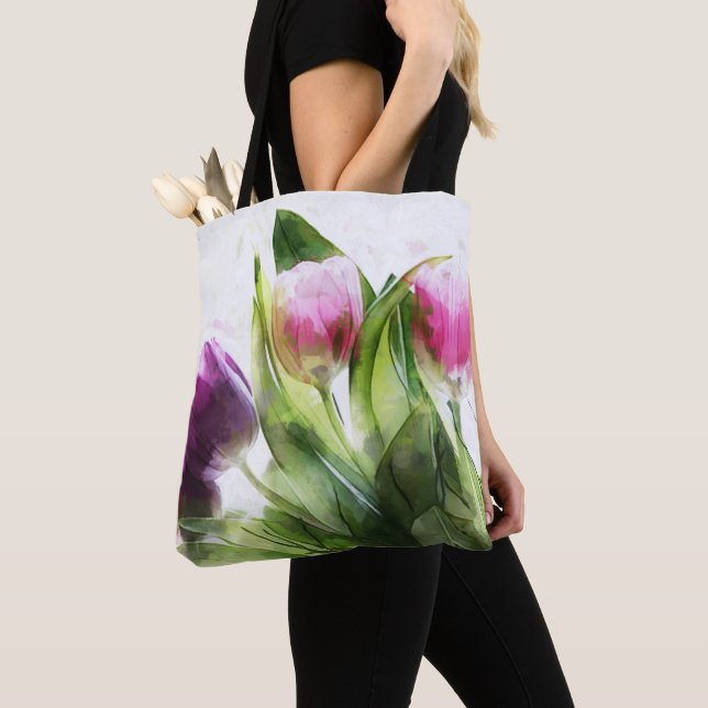 Bolsa Tote Tulipas E Folhas De Aquarelas (Close Up)