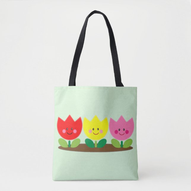 Bolsa Tote Tulipas Felizes Flores Arte de Jardim (Frente)