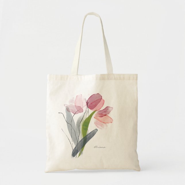 Bolsa Tote Tulipas Florais de Aquarela Rosa Corado Folhas Ver (Frente)