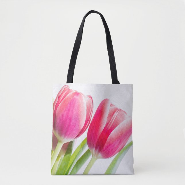 Bolsa Tote Tulipas Rosa com Foto de Folhas Verdes (Frente)