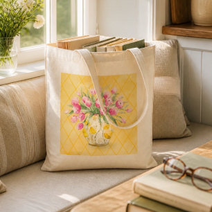 Bolsa Tote Tulipas Rosa em Vaso Amarelo e Branco