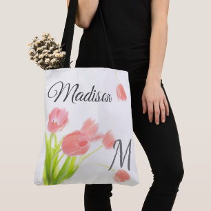 Bolsa Tote Tulipas Rosa Suaves Tendência Nome Inicial Monogr