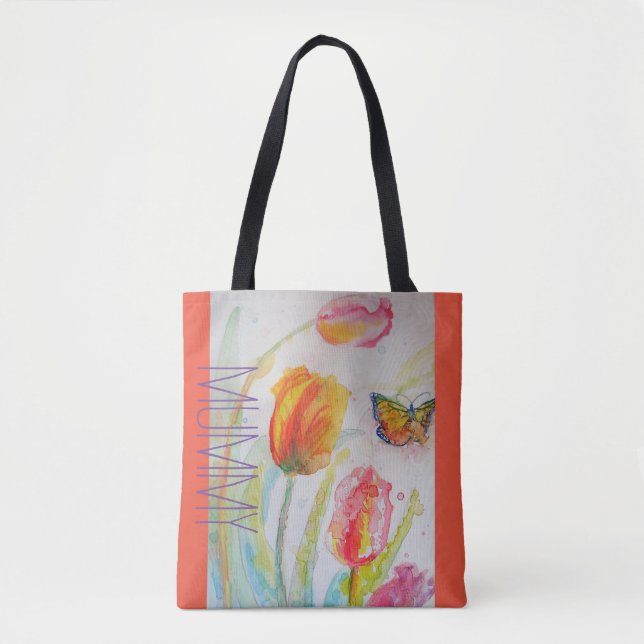 Bolsa Tote Tulipas Rosa Tulipas Florais Aquarela Mãe Múmia (Frente)