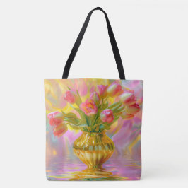 Bolsa Tote Tulipas Rosa Vibrantes em Vase Ouro