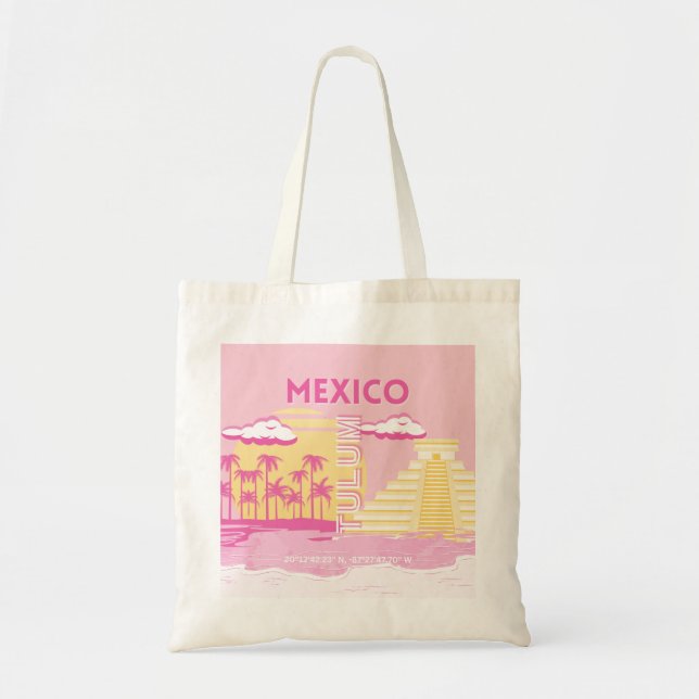 Bolsa Tote Tulum, Viagem, Arte de Esquema, Rosa (Frente)