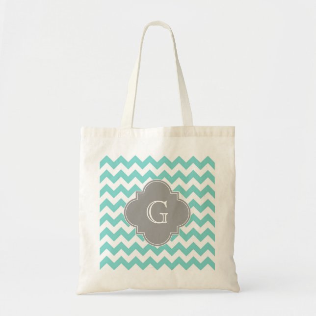 Bolsa Tote Turq / Aqua White Chevron Cinza Quatrefoil Monogra (Frente)