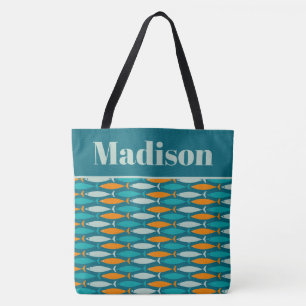 Bolsa Tote Turquesa Costeira de Peixes Retro Personalizada