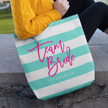 Bolsa Tote Turquesa de pré-disquete e Brigas brancas, cor-de-<br><div class="desc">Saco Tote All-Over-Impressão com as palavras "Team Bride" em um script de tendências rosa contra um fundo de padrão de listas brancas e turquesas. Perfeito para casamentos para madrinhas, madrinhas de casamento e floreiras. Para outras cores e itens correspondentes, consulte aqui https://www.zazzle.com/collections/119250194970828530?rf=238364477188679314 Personalize-o substituindo o texto do marcador de posição....</div>