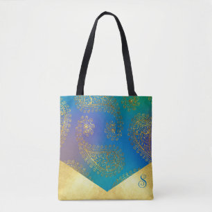 Bolsa Tote Turquesa e Dourado Metálico Monograma de Dama de H