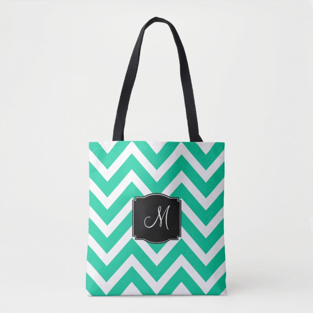 Bolsa Tote Turquesa e Stripes Chevron Brancas com Monograma (Frente)