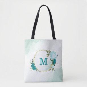 Bolsa Tote turquesa flores azuis-claras