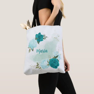 Bolsa Tote turquesa flores azuis-claras
