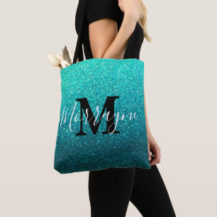 Bolsa Tote Turquesa Glitter Ombre Esmaga Monograma Metálico