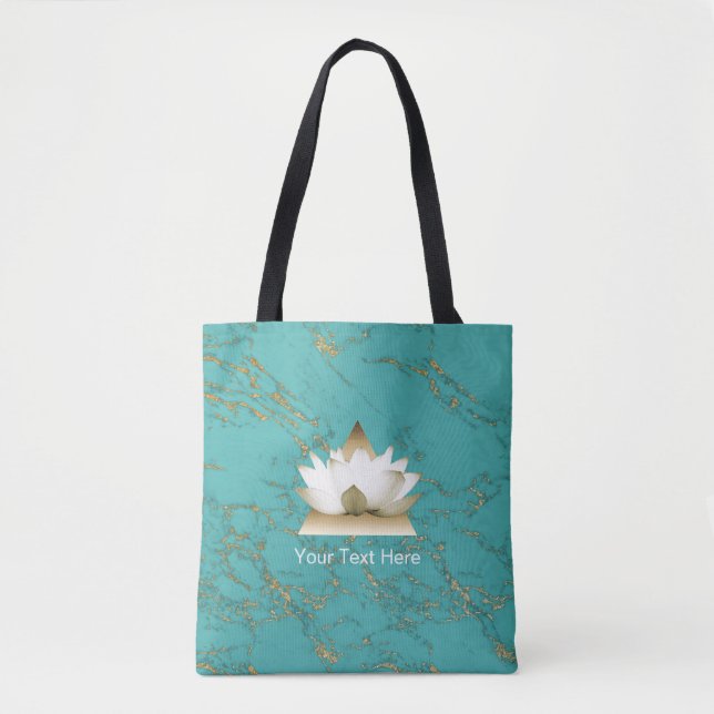 Bolsa Tote Turquesa moderna Dourado de Lotus da ioga & (Frente)
