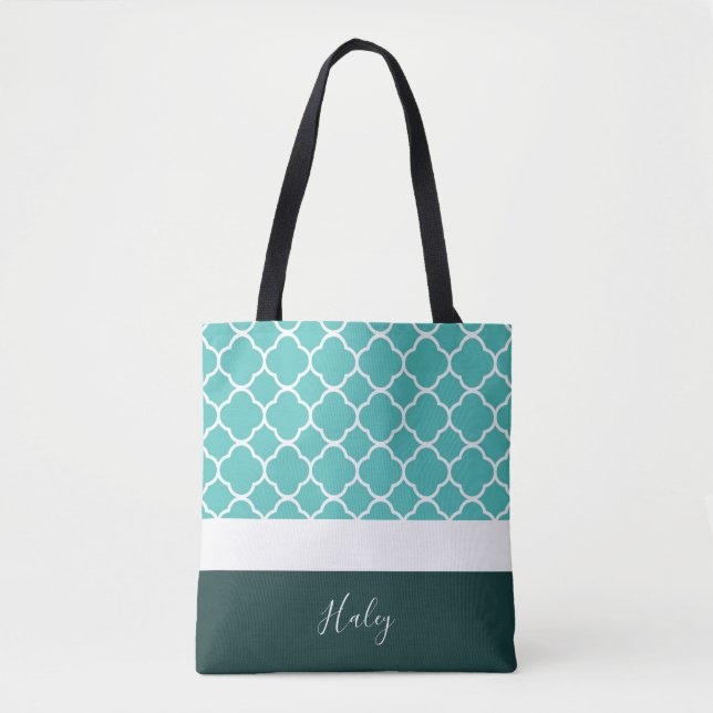 Bolsa Tote Turquesa Personalizada Quatrefoil com Parte Inferi (Frente)