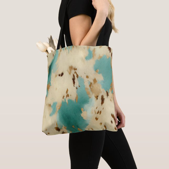 Bolsa Tote Turquoise Cream Dourada, Southwest Cowhide (Close Up)