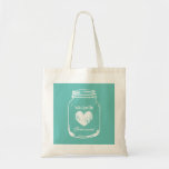 Bolsa Tote Turquoise mason jar ponte de casamento dama<br><div class="desc">Vintage mason jar saco de tote de casamento para madrinhas. Design russo para casamento de chic country. Cor de fundo azul e branco ou personalizada. Tipografia de script clássico para nome personalizado ou monograma. Faça uma noiva elegante, dama de honra, madrinha de casamento, florista, mãe da noiva etc. Uso no...</div>