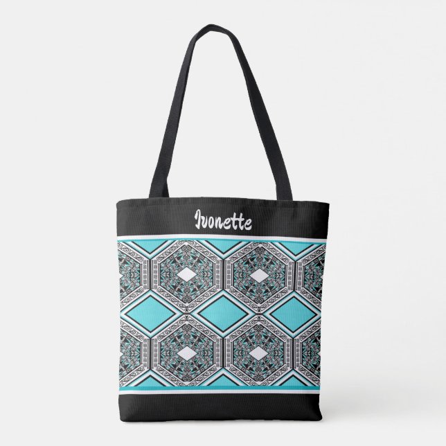 Bolsa Tote Turquoise, White & Black Tribal Tapestry (Verso)
