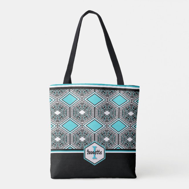 Bolsa Tote Turquoise, White & Black Tribal Tapestry (Verso)