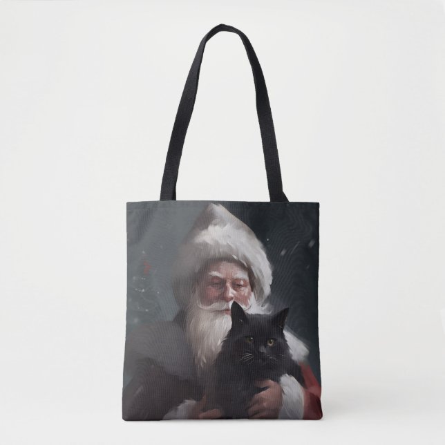 Bolsa Tote Tuxedo Cat Com Papai Noel Natal Festivo (Frente)