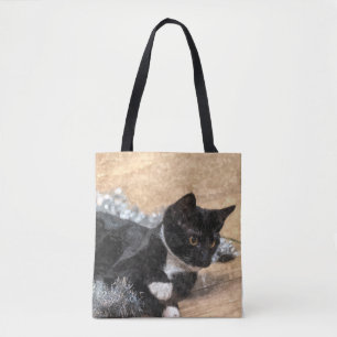 Bolsa Tote Tuxedo Kitten Tinsel and Lights Painterly