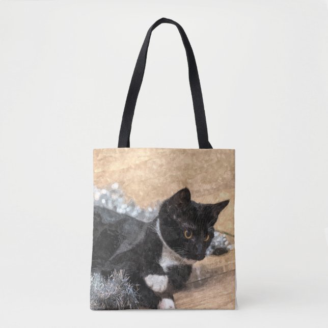 Bolsa Tote Tuxedo Kitten Tinsel and Lights Painterly (Frente)
