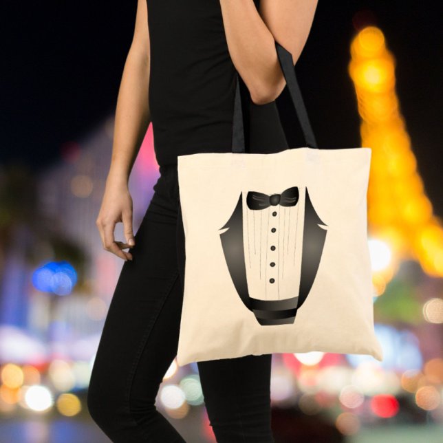 Bolsa Tote Tuxedo preto do Padrinho de casamento da Equipe de (Bachelor Party Groomsman Team Groom black tuxedo Tote Bag)