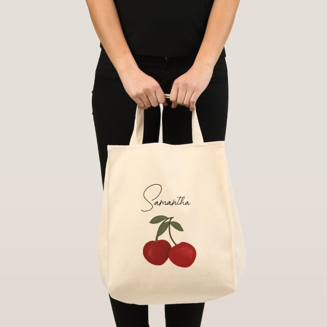 Bolsa Tote Two Red Cherries Illustration | Cute Fruit Art  (Frente (produto))