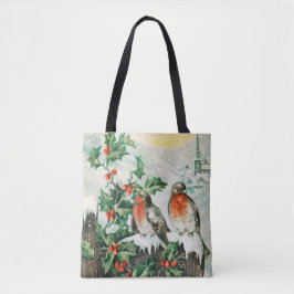 Bolsa Tote Two robins on a fence in the snow