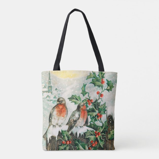 Bolsa Tote Two robins on a fence in the snow (Verso)