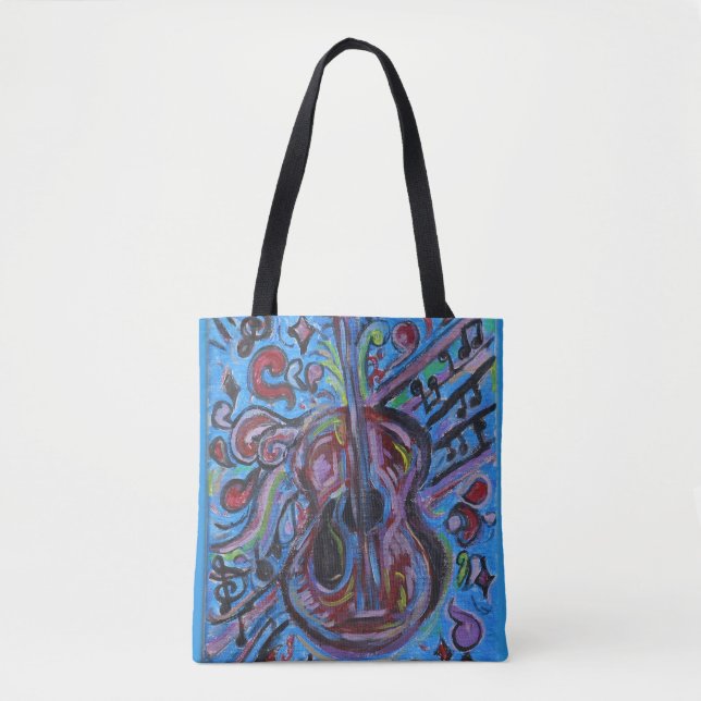 Bolsa Tote Uau Jazzy Blue Guitar Folk Art (Frente)
