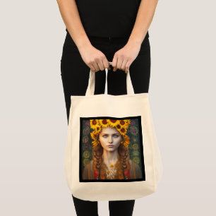 Bolsa Tote Ucraniana Rapariga de Amuletas e Girassóis