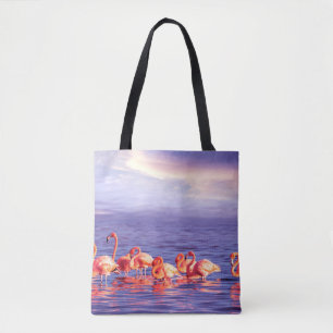 Bolsa Tote Um bando de belos flamingos cor-de-rosa contra uma