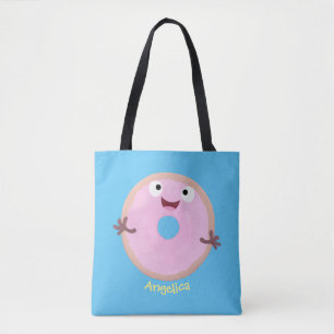 Bolsa Tote Um desenho animado de donut, rosa, bonito e feliz