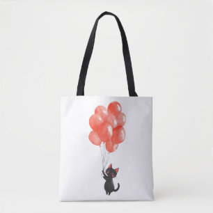 Bolsa Tote Um gatinho preto bonito segura balões vermelhos