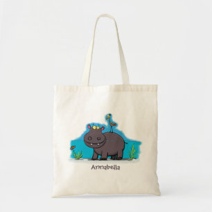 Bolsa Tote Um hippo bonito com cartoon de aniversário de pá